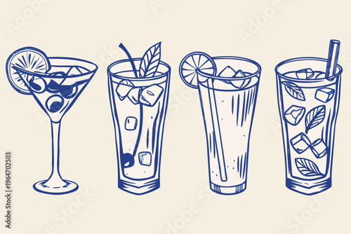 A collection of hand drawn cocktail glasses with various garnishes