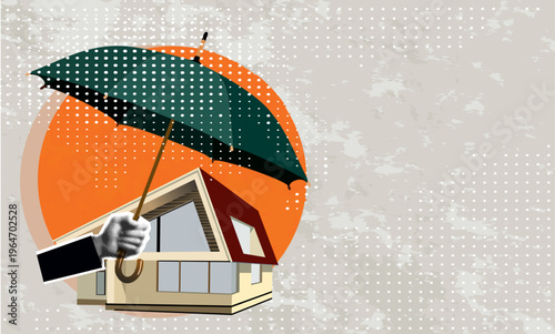 Trendy Halftone Collage Black and white hand holding an umbrella above a little house, symbol of residential security from mortgage payment or damage. Modern collage style. Vector illustration
