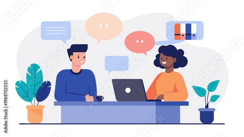 Two professionals collaborating on a laptop with digital communication icons around them Vector