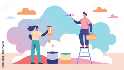 Two painters collaborating on a mural project outdoors with ladders and paint buckets. Vector
