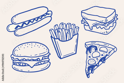 A colorful hand drawn illustration of fast food items like burgers and pizza