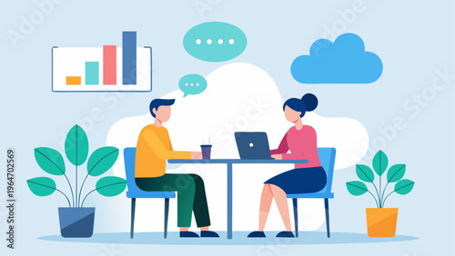 Two professionals collaborating on a laptop with cloud and plant icons in background Vector