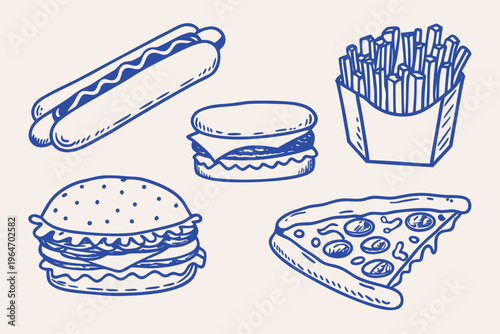 Hand drawn illustration of fast food hot dog burger fries pizza and more