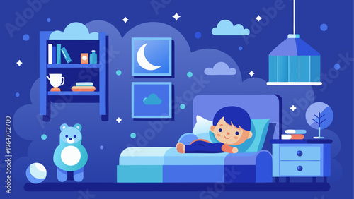 A child peacefully sleeps in a cozy bedroom with floating dreamy scenes above the bed Vector
