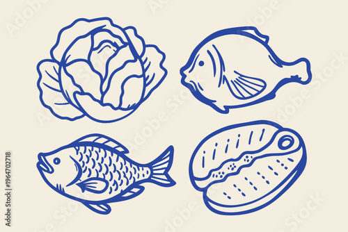 A collection of hand drawn food items including fish cabbage and bread