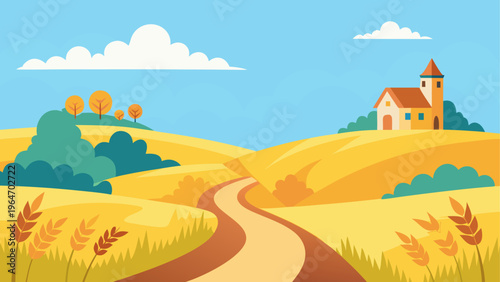 A winding path through a picturesque desert landscape with a castle on a hill. Vector