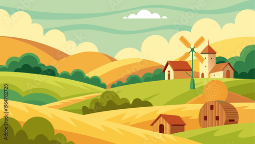 A whimsical windmill standing amidst golden wheat fields under a bright sky Vector