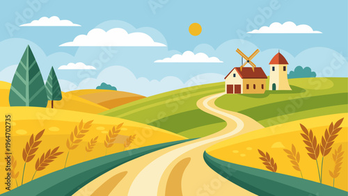 A picturesque countryside scene featuring a windmill and a quaint house in golden fields Vector