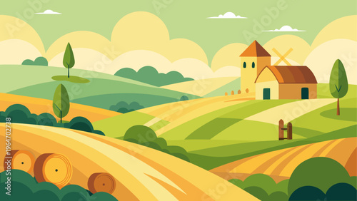 Scenic countryside landscape with golden fields and a quaint village in the distance Vector