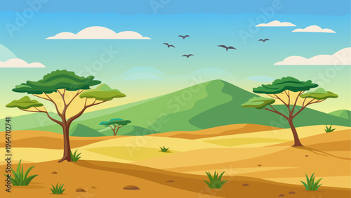 Scenic savanna landscape with birds soaring over rolling hills and trees Vector