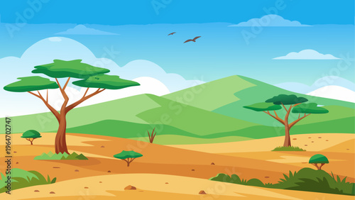 A serene savanna landscape with trees and a flying bird under a clear sky Vector