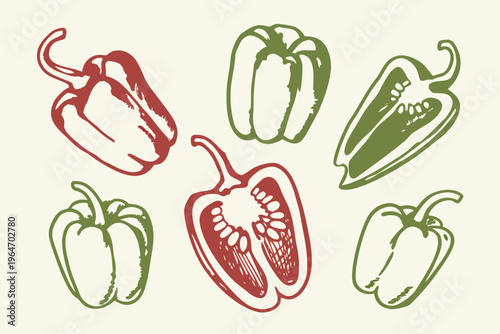 A colorful sketch of various bell peppers in different arrangements