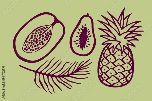 Stylized illustration of papaya pineapple and fern fronds in dark purple