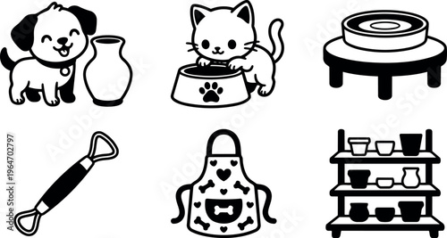 Black and white vector icons of dog cat pet supplies and kitchenware