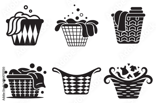 Set of laundry baskets filled with clothes, some with bubbles and water indicating washing, various styles of baskets