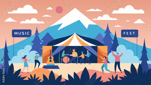 Vibrant outdoor festival with colorful tents and mountain backdrop Vector