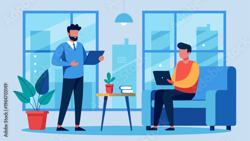 Two professionals discussing documents in a modern office setting Vector