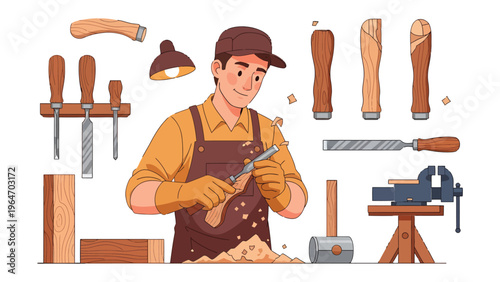 Artisan at Work: An artisan meticulously carves wood with precision tools, surrounded by the tools of his craft. Capturing the dedication and skill of woodworking.