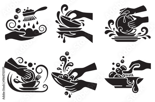 Set of silhouettes showing hands washing dishes, plate, bowl, cup, spoon, fork with soap and sponge, water splashing, bubbles, brush