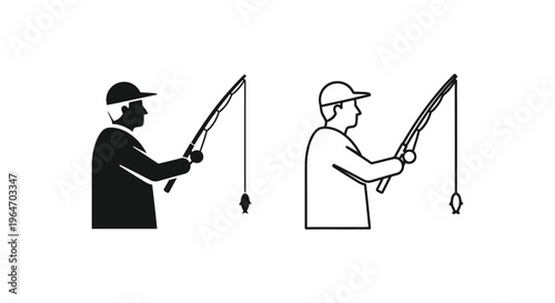 Fishing silhouette and line art illustration Vector