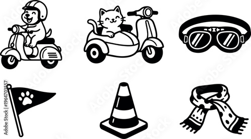 Black and white line art dog riding scooter cat in sidecar goggles paw flag cone and scarf icons