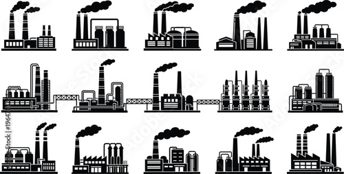 Large set of black factory and industrial plant silhouettes with smoking chimneys power stations and refinery icons isolated on white background for environmental pollution concepts