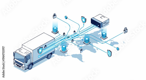Isometric Truck Connected to Cloud Computing Network for Logistics.