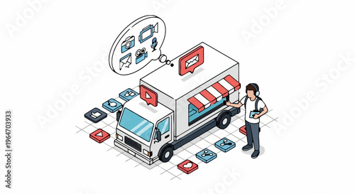 Isometric Illustration of a Mobile App Store Truck with Social Media Icons.