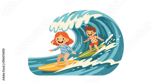 Children surfing on waves illustration for recreational activities