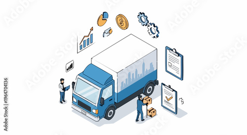 Isometric Delivery Truck with Business and Logistics Elements.