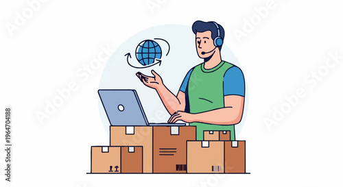 Global Logistics Support - Man with Headset Managing International Shipping.