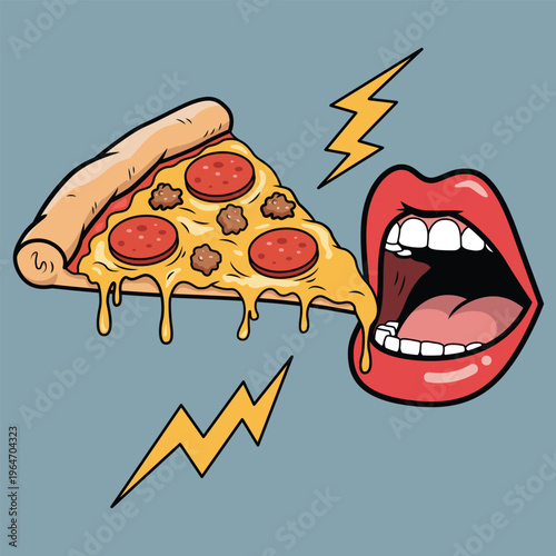 Cheesy Pizza Slice and Open Mouth Pop Art Illustration – Fast Food Craving Concept