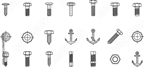 A collection of various black and white technical drawings depicts different types of fasteners and hardware components high quality professional detailed modern elegant