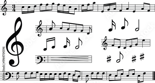 An arrangement of diverse musical notes clef symbols and staff lines creates a visually harmonic composition representing musical notation high quality professional detailed