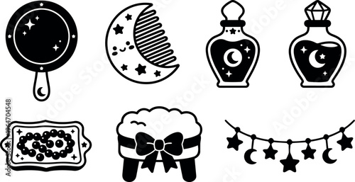 Black and white celestial moon and stars magical objects vector art