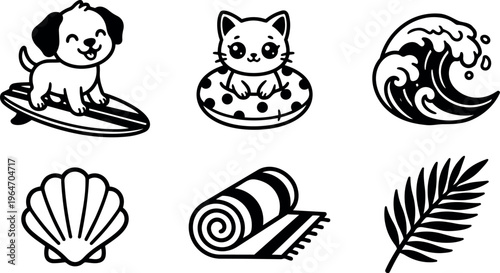 Black and white line art puppy on surfboard kitten in polka dot float wave shell towel palm leaf