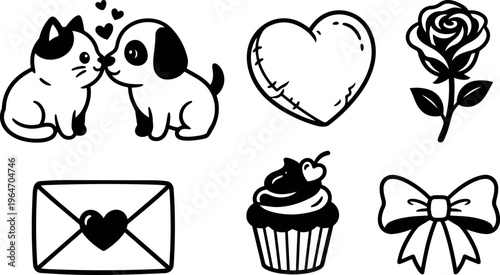 Cute cat and dog kissing with heart rose cupcake envelope and bow vector art