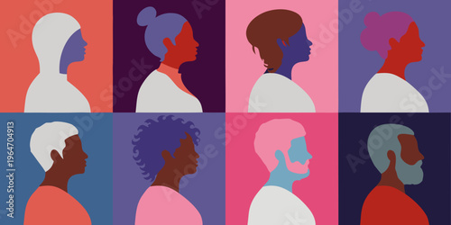 Diverse profiles of people depicted in a colorful geometric style