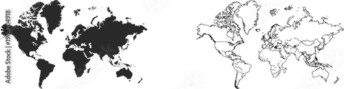 World map illustration dark silhouette and outline versions for glob