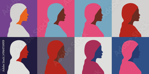 Diverse silhouettes of women wearing headscarves in vibrant color blocks