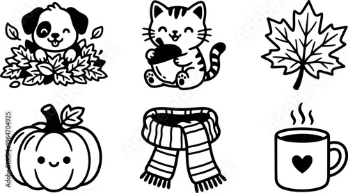 Cute puppy and kitten with acorn pumpkin scarf and hot drink autumn icons black and white