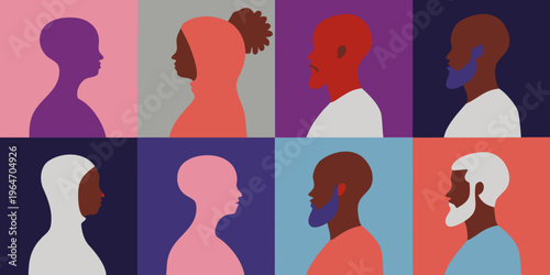 Diverse group of stylized human profiles against colorful square backgrounds