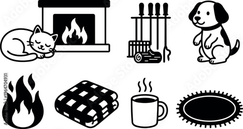 Cozy cat sleeping by fireplace with dog mug blanket and firewood tools line art