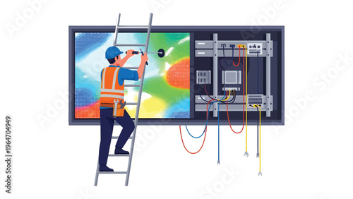 Technician at Work: A skilled technician, equipped with tools, meticulously works on a complex display, demonstrating expertise and precision.