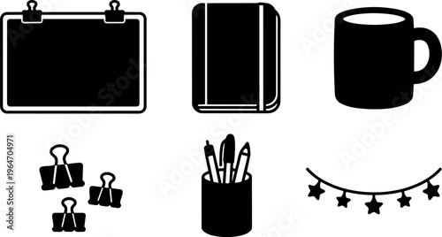 Black office stationery icons including clipboard notebook cup and pen holder