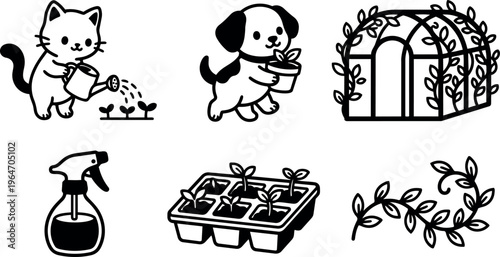 Black and white line art cat watering plants and dog carrying potted plant with greenhouse and seedlings