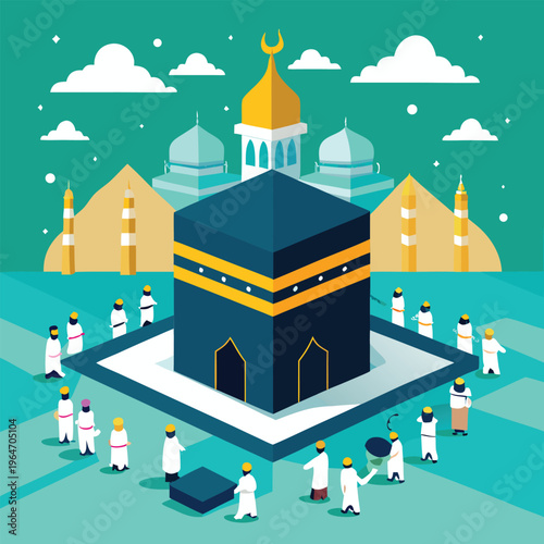 Kaaba mosque in Mecca with pilgrims and buildings around  Islamic culture and pilgrimage site