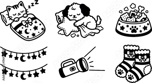 Black and white line art sleeping kitten and puppy with pet accessories