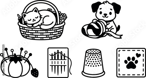 Black and white cat sleeping in basket and puppy with ribbon sewing icons