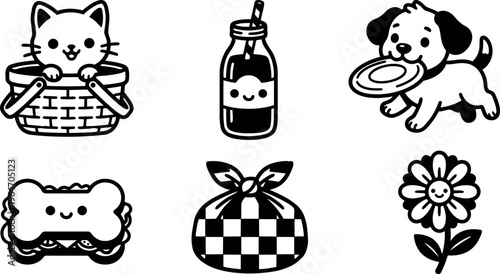 Cute cat in basket and happy dog with frisbee line art icons
